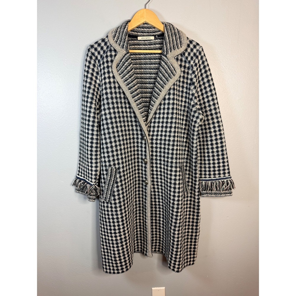 Aldomartins Black & White‎ & Blue Houndstooth Fringe Knit Coat  Size 10